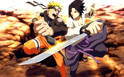 Naruto Shippuden, art, Naruto Uzumaki, main characters, Japanese manga, Sasuke Uchiha