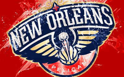 New Orleans Pelicans, 4k, grunge art, logo, american basketball club, red grunge background, paint splashes, NBA, emblem, New Orleans, Louisiana, USA, basketball, Western Conference, National Basketball Association