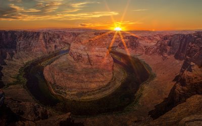 Horseshoe Bend, Colorado River, sunset, evening, rocks, Glen Canyon, Arizona, Colorado, USA