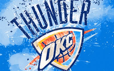Oklahoma City Thunder, 4k, grunge, arte, logo, american club di pallacanestro, blu, sfondo, schizzi di vernice, NBA, emblema, Oklahoma City, Oklahoma, USA, basket, Western Conference, la National Basketball Association