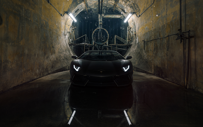 4k, Lamborghini Aventador, de l&#39;obscurit&#233;, 2018 voitures, route, supercars, noir Aventador, Lamborghini