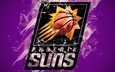 Phoenix Suns, 4k, grunge sanat, logo, Amerikan basketbol kul&#252;b&#252;, mor grunge arka plan boya sı&#231;raması, NBA, amblem, Phoenix, Arizona, ABD, basketbol, Batı Konferansı, Ulusal Basketbol Birliği