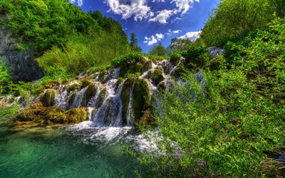 waterfall, summer, Plitvice Lakes National Park, green bushes, grass, Croatia