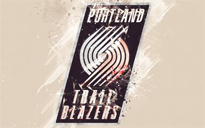 Portland Trail Blazers, 4k, grunge sanat, logo, Amerikan basketbol kul&#252;b&#252;, beyaz grunge arka plan boya sı&#231;raması, NBA, amblem, Portland, Oregon, ABD, basketbol, Batı Konferansı, Ulusal Basketbol Birliği