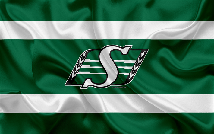 Saskatchewan Roughriders, 4k, logo, textura de seda, Canadense de time de futebol, CFL, emblema, verde de seda branca bandeira, Regina, Canada, Canadian Football League