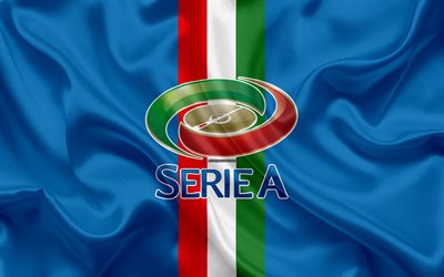 Serie A, 4k, logo, textura de seda, It&#225;lia, futebol, de seda azul da bandeira, emblema, Bandeira italiana, primeira divis&#227;o, Italiano de futebol campeonato