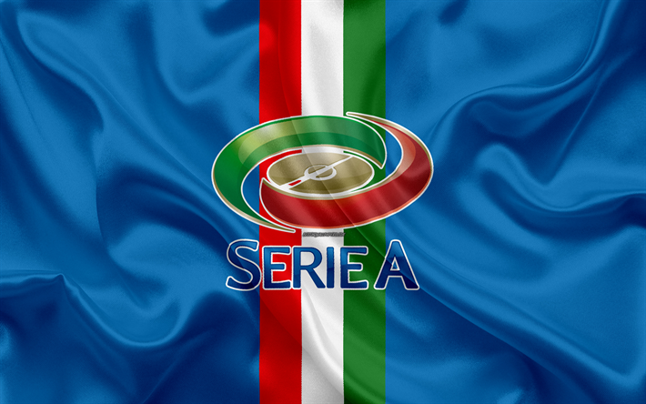 Serie A, 4k, logo, silk texture, Italy, football, blue silk flag, emblem, Italian flag, top division, Italian football league