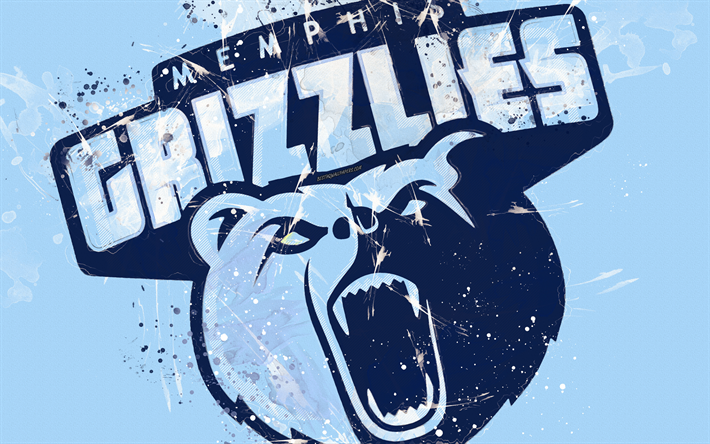 Memphis Grizzlies, 4k, grunge art, logo, american club de basket-ball, bleu grunge fond, les &#233;claboussures de peinture, de la NBA, embl&#232;me, Memphis, Tennessee, etats-unis, le basket-ball, la Conf&#233;rence de l&#39;Ouest, de la National Basketb