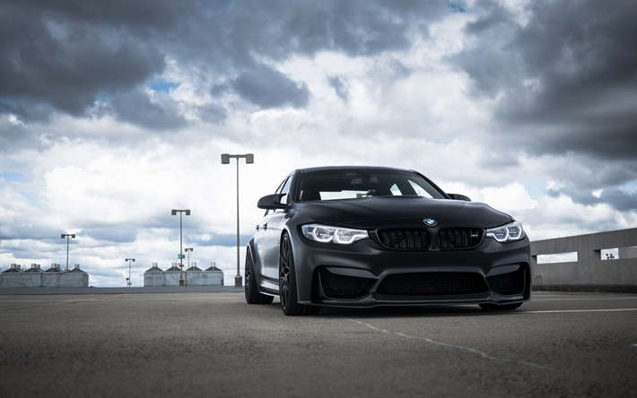 BMW M3, F80, 2018, exterior, black matte M3, front view, black wheels, tuning M3, sports cars, BMW