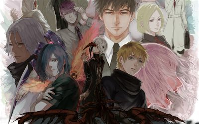 Tokyo Ghoul, art, all characters, Ken Kaneki, Touka Kirishima, Japanese manga