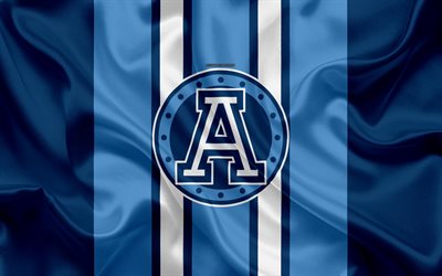 Toronto Argonauts, 4k, logo, silkki tekstuuri, Kanadalainen jalkapallo joukkue, CFL, tunnus, sininen valkoinen silkki lippu, Toronto, Ontario, Kanada, Canadian Football League
