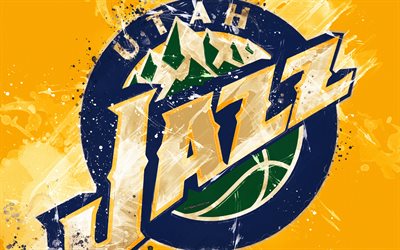 Utah Jazz, 4k, grunge stil, logotyp, amerikansk basket club, gul grunge bakgrund, f&#228;rg st&#228;nk, NBA, emblem, Salt Lake City, Utah, USA, basket, V&#228;stra Konferensen, National Basketball Association