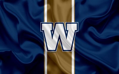 Winnipeg Blue Bombers, 4k, logo, seta, texture, Canadese squadra di calcio, CFL, emblema, blu, seta marrone bandiera, Winnipeg, Manitoba, Canada, Canadian Football League