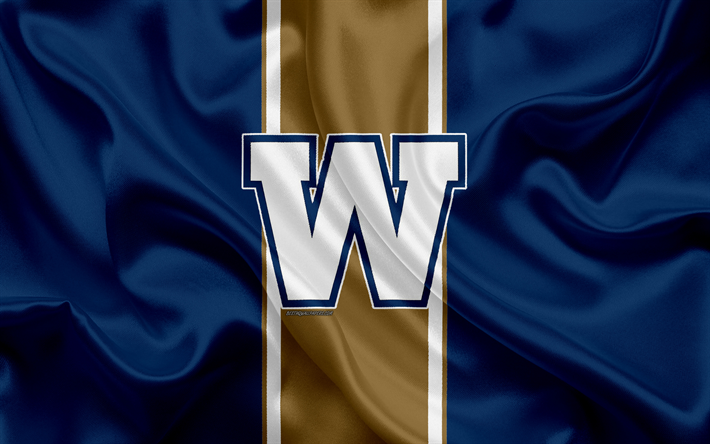 Winnipeg Blue Bombers, 4k, logo, textura de seda, Canadense de time de futebol, CFL, emblema, azul marrom de seda bandeira, Winnipeg, Manitoba, Canada, Canadian Football League