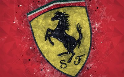 スクーデリア-フェラーリ, 4k, ロゴ, 創造の幾何学的な美術, イタリアの自動車レーシングチーム, 式1, フェラーリ, 赤抽象的背景