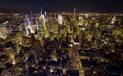 Nueva York, Manhattan, noche, rascacielos, metropolis, estados UNIDOS, las luces de la ciudad, el Distrito de la moda