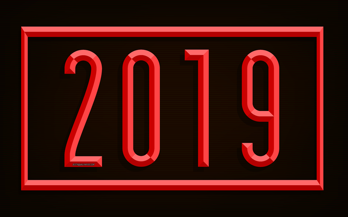 2019 Year, red digits, 4k, art, red frame, brown abstract background, 2019 concepts, New Year, creative art