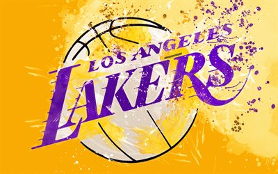 Los Angeles Lakers, 4k, grunge-tyyliin, logo, american basketball club, keltainen grunge tausta, maali roiskuu, NBA, tunnus, Los Angeles, California, USA, koripallo, L&#228;ntisen Konferenssin, National Basketball Association