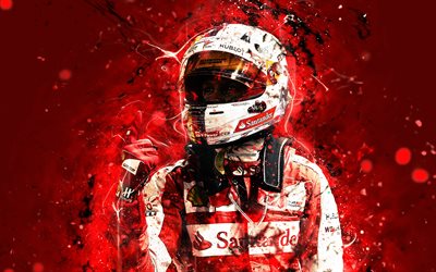 4k, Sebastian Vettel, abstrakti taide, Formula 1, F1, Ferrari 2018, Scuderia Ferrari, Vettel, neon valot, Formula, Ferrari F1