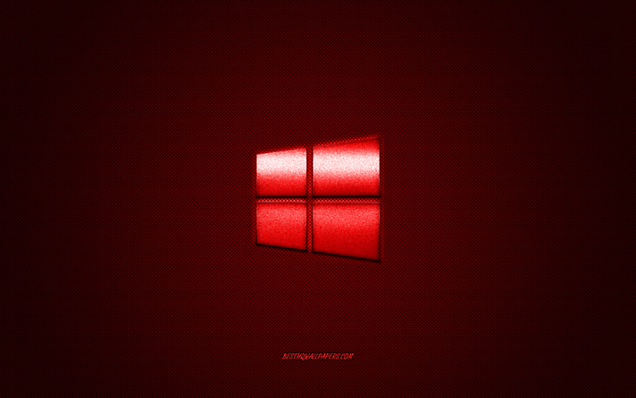 Windows10のロゴ, 艶のある赤色のロゴ, Windows10金属エンブレム, 壁紙Windows10, 赤炭素繊維の質感, Windows, ブランド, 【クリエイティブ-アート