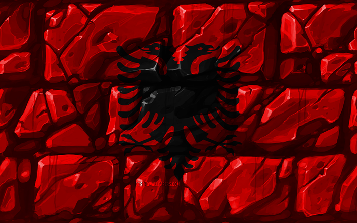 Albanian lippu, brickwall, 4k, Euroopan maissa, kansalliset symbolit, Lippu Albania, luova, Albania, Euroopassa, Albania 3D flag