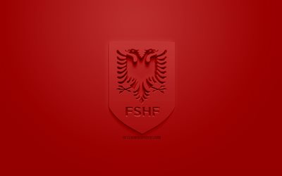 ألبانيا الوطني لكرة القدم, الإبداعية شعار 3D, خلفية حمراء, 3d شعار, ألبانيا, أوروبا, الاتحاد الاوروبي, الفن 3d, كرة القدم, أنيقة شعار 3d