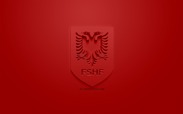 Albanien landslaget, kreativa 3D-logotyp, r&#246;d bakgrund, 3d-emblem, Albanien, Europa, UEFA, 3d-konst, fotboll, snygg 3d-logo