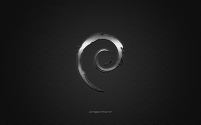 Logo de Debian, plata brillante logotipo de Debian emblema de metal, papel tapiz para Debian, gris textura de fibra de carbono, Debian, marcas, arte creativo
