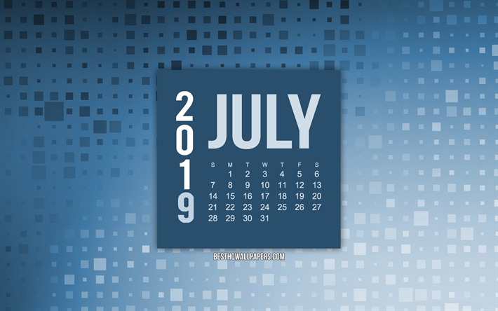 Juli 2019 kalender, bl&#229; kreativ bakgrund, 2019 kalendrar, Juli, 2019 begrepp, bl&#229; 2019 juli kalender