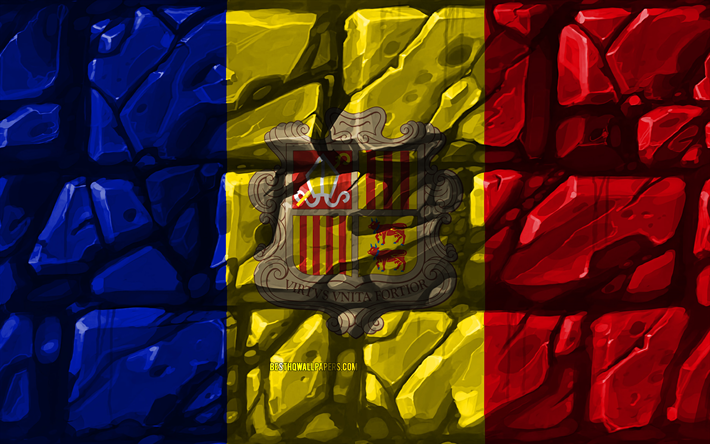 Andorran flag, brickwall, 4k, European countries, national symbols, Flag of Andorra, creative, Andorra, Europe, Andorra 3D flag