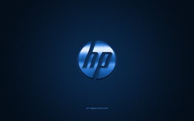 Logotipo de HP, azul brillante logotipo de HP emblema de metal, fondo de pantalla para los dispositivos de HP, Hewlett-Packard, de fibra de carbono azul textura, HP, marcas, arte creativo