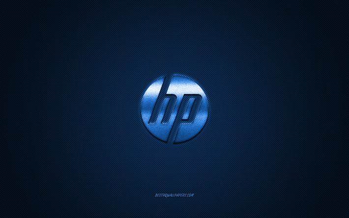 HP-logotyp, bl&#229; gl&#228;nsande logotyp, HP metall emblem, tapeter f&#246;r HP-enheter, Hewlett-Packard, bl&#229; kolfiber konsistens, HP, varum&#228;rken, kreativ konst