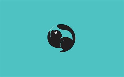 黒猫, 4k, 最小限の, 創造, 青色の背景, 漫画の黒猫, ペット, 猫