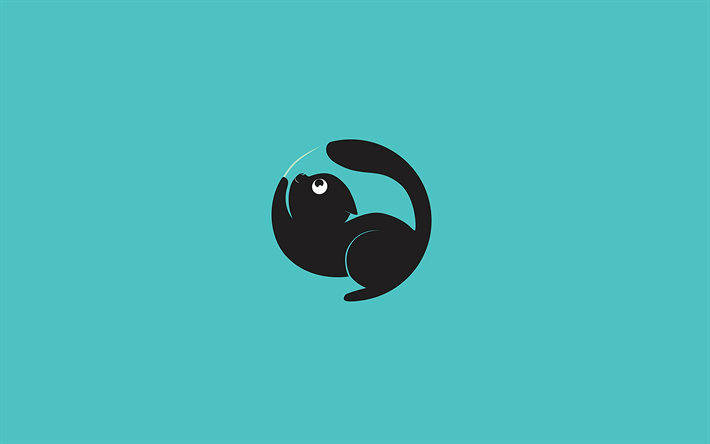 svart katt, 4k, minimal, kreativa, bl&#229; bakgrund, tecknad svart katt, husdjur, katter