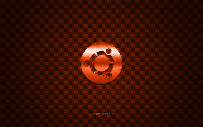 Logo Ubuntu, orange brillant logo Ubuntu embl&#232;me m&#233;tallique, du papier peint pour Ubuntu, orange en fibre de carbone texture, Ubuntu, marques, Linux, art cr&#233;atif