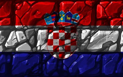 Croatian flag, brickwall, 4k, European countries, national symbols, Flag of Croatia, creative, Croatia, Europe, Croatia 3D flag