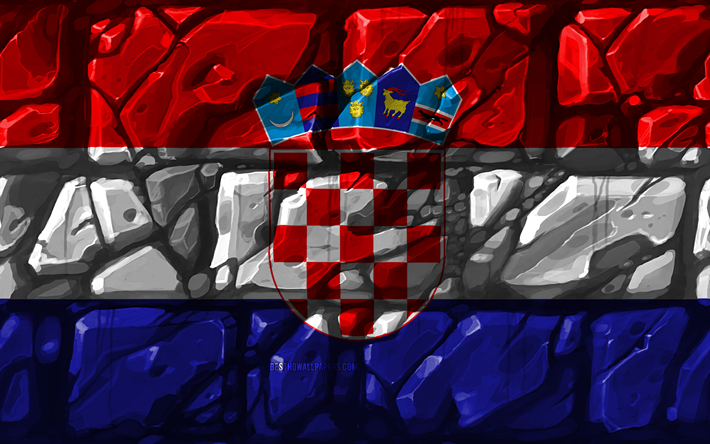 Kroatiska flaggan, brickwall, 4k, Europeiska l&#228;nder, nationella symboler, Flagga av Kroatien, kreativa, Kroatien, Europa, Kroatien 3D-flagga