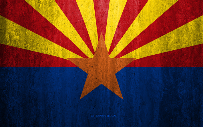 Flaggan i Arizona, 4k, sten bakgrund, Amerikanska staten, grunge flagga, Arizona flagga, USA, grunge konst, Arizona, flaggor i USA