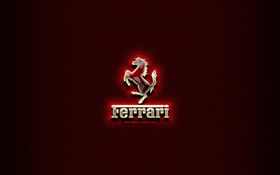 Ferrari glass logo, red background, cars brands, artwork, brands, Ferrari logo, creative, Ferrari