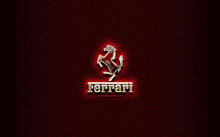 フェラーリのガラスロゴ, 赤の背景, 車ブランド, 作品, ブランド, フェラーリロゴ, 創造, フェラーリ