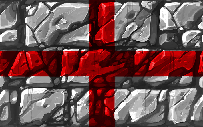 Bandeira ingl&#234;s, brickwall, 4k, Pa&#237;ses europeus, s&#237;mbolos nacionais, Bandeira da Inglaterra, criativo, Inglaterra, Europa, Inglaterra 3D bandeira