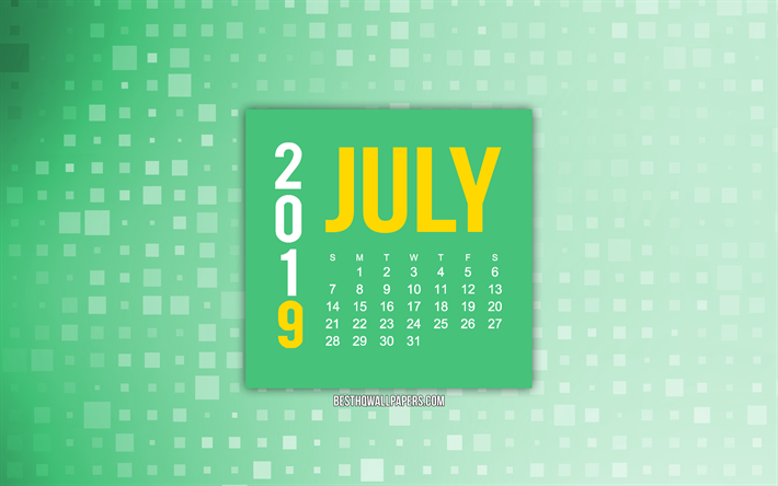 July 2019 calendar, green creative background, 2019 calendars, green abstract background, July, 2019 concepts, green 2019 July calendar