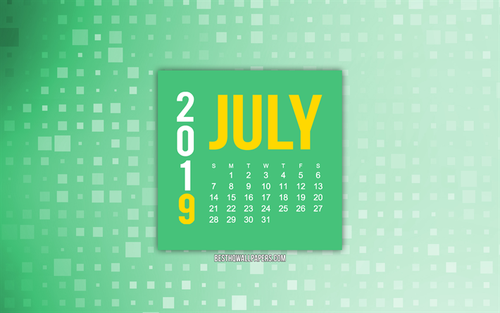 De julho de 2019 calend&#225;rio, verde criativo fundo, 2019 calend&#225;rios, verde resumo de plano de fundo, Julho, 2019 conceitos, verde de julho de 2019 calend&#225;rio