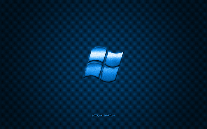 Windowsロゴ, 青色の光沢のあるロゴ, Windowsメタルエンブレム, 壁紙Windows, 青炭素繊維の質感, windows, ブランド, 【クリエイティブ-アート