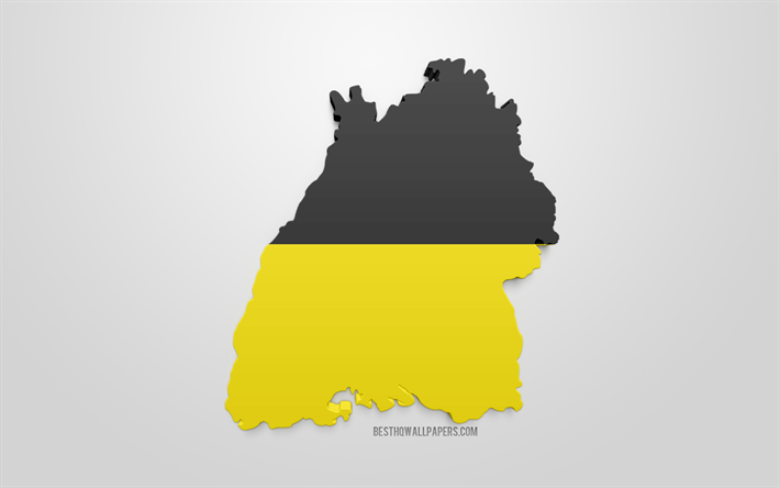 Baden-W&#252;rttemberg karta siluett, 3d-flagga i Baden-W&#252;rttemberg, federal stat i Tyskland, 3d-konst, Baden-W&#252;rttemberg 3d-flagga, Tyskland, Europa, Baden-W&#252;rttemberg flagga