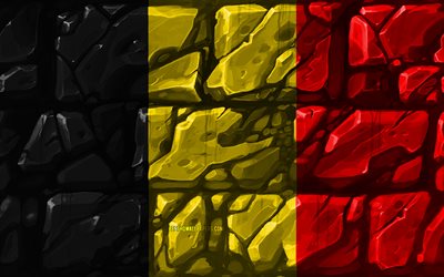 Belgian lippu, brickwall, 4k, Euroopan maissa, kansalliset symbolit, Belgian lipun, luova, Belgia, Euroopassa, Belgia 3D flag