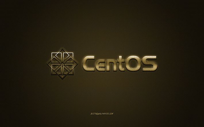 CentOS logo, gold shiny logo, CentOS metal emblem, wallpaper for CentOS, gold carbon fiber texture, CentOS, brands, creative art