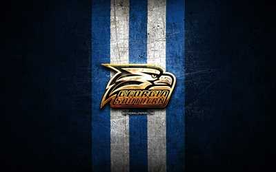 Georgia Southern Eagles, golden logo, NCAA, blue metal background, american football club, Georgia Southern Eagles logo, american football, USA
