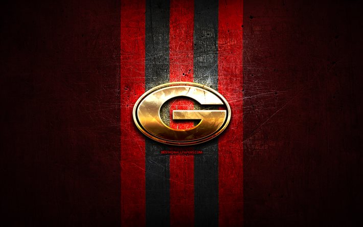 Georgia Bulldogs, golden logo, NCAA, red metal background, american football club, Georgia Bulldogs logo, american football, USA