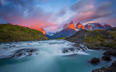 Parco Nazionale Torres del Paine, sera, Ande, paesaggio di montagna, fiume di montagna, Patagonia, Magallanes Region, Cile